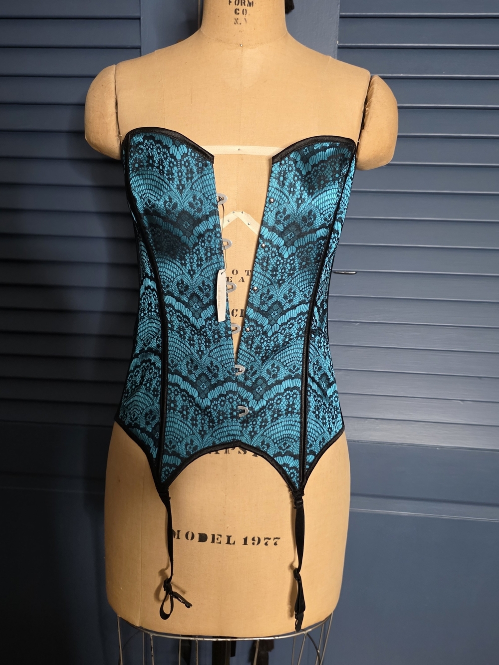 Adore Me Teal and Black Lace Strapless Corset Bustier with Garters